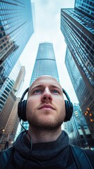 Urban Man in Headphones Looking Up at Skyscrapers
