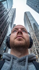 Urban Man in Headphones Looking Up at Skyscrapers