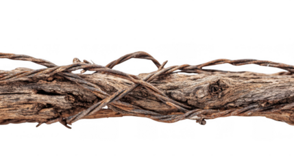 Jagged wire strands are tightly entangled with a weathered piece of old wood, creating a rustic and textured image against a transparent background