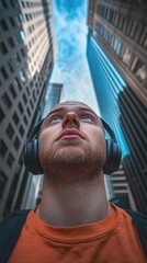 Urban Man in Headphones Looking Up at Skyscrapers