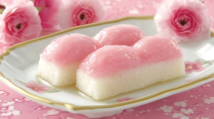 Sakura Mochi Delight: Traditional Japanese Sweets with Pink Blossoms and Delicate Textures