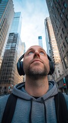 Urban Man in Headphones Looking Up at Skyscrapers
