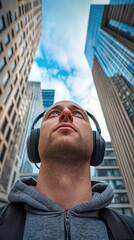 Urban Man in Headphones Looking Up at Skyscrapers