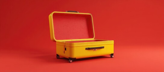 Empty bright yellow suitcase on red background