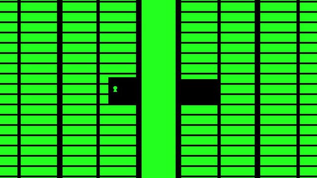 Prison bars. Animation of the opening and closing of black prison bars on the background of chromakey. 4K video