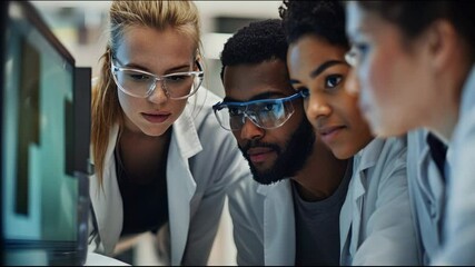 Young diverse scientists collaborating and analyzing data on computer in modern laboratory - Powered by Adobe
