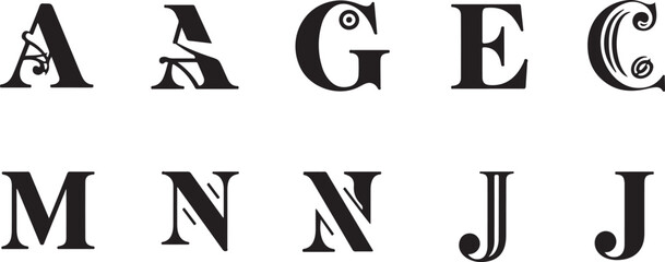 Alphabet letters A–J, each as stylized monograms or decorative uppercase letters in icon form.

