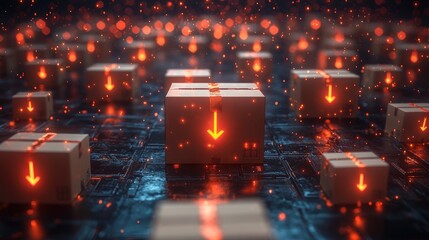 Boxes with glowing arrows on a digital surface.  Many boxes,  bright red arrows,  tech background,  shipping concept