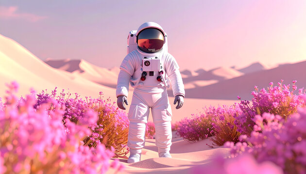 Astronaut Exploring Alien Desert Landscape with Pink Flowers - Futuristic Space Scene
