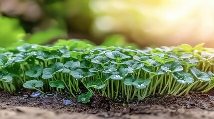 Fresh Green Sprouts With Dew In Sunlit Garden. Symbol Of Growth And Renewal