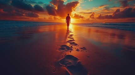 Man walking on beach at sunset, footprints in sand, ocean waves