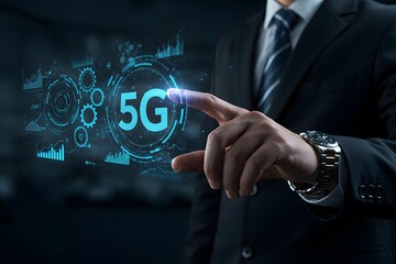 5G Fifth generation of mobile internet. Fast connection. Telecommunication concept on virtual screen. man hand pushing a button