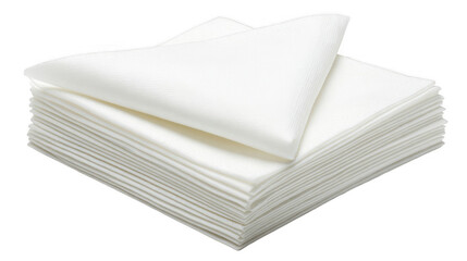 Neatly folded white paper napkins are stacked, ready for use, creating a clean and organized presentation with a transparent background enhancing versatility