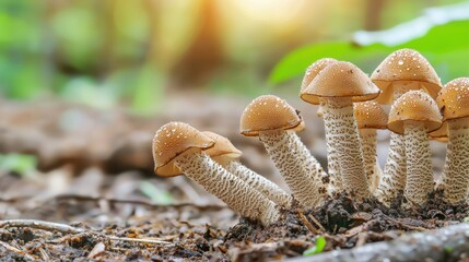 Cluster Of Wild Mushrooms With Dew In Forest Setting. Nature'S Beauty And Biodiversity