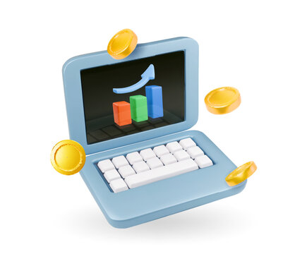 Financial analytics concept. Chart graph on screen laptop and flying coins.. Business finance report. Market review. 3D Vector icon