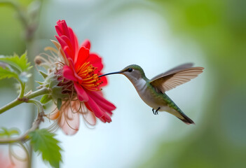 Naklejka premium Close up photograph of a hummingbird collecting nectar from a vibrant red flower in flight