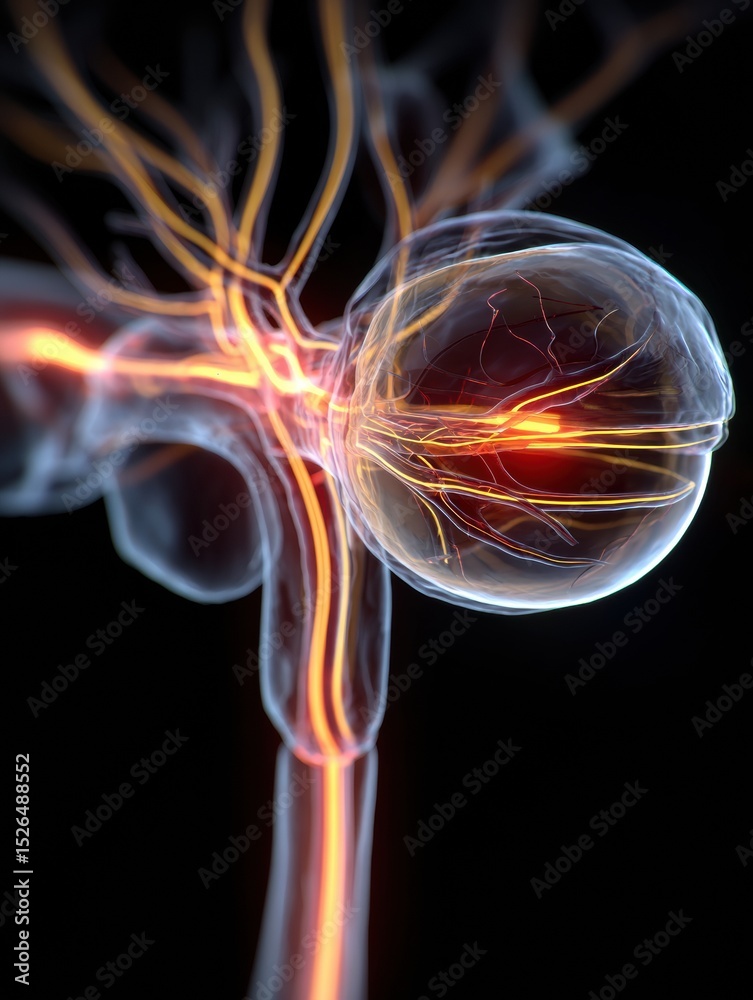 Poster 3D Rendering of Optic Nerve and Eye Anatomy Featuring a Futuristic Glow and Clean Upper Margin in a Sleek Design
