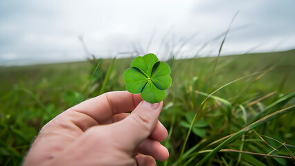 Hand holding a four-leaf clover in a field