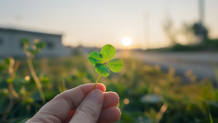 Hand Holding Lucky Four‑Leaf Clover at Golden Sunset