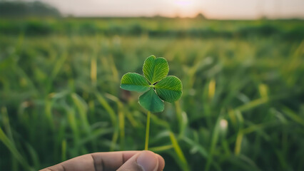 Hand Holding Lucky Four‑Leaf Clover at Golden Sunset