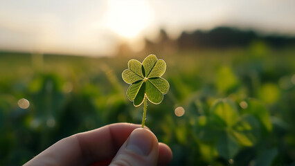 Hand Holding Lucky Four‑Leaf Clover at Golden Sunset