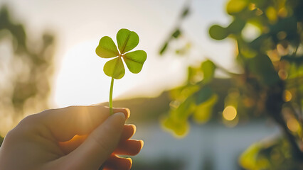 Hand Holding Lucky Four‑Leaf Clover at Golden Sunset