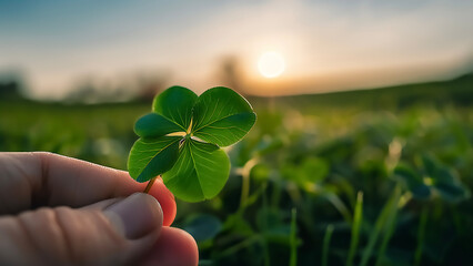 Hand Holding Lucky Four‑Leaf Clover at Golden Sunset
