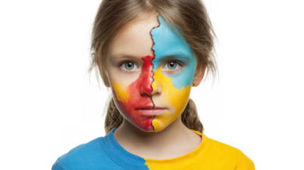 Young girl showing ukrainian flag painted on her face, demonstrating patriotism and support with transparent background, ideal for projects related to ukraine, war, peace, and childhood