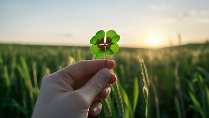 Hand Holding Lucky Four‑Leaf Clover at Golden Sunset