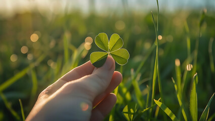 Hand Holding Lucky Four‑Leaf Clover at Golden Sunset