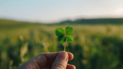 Hand Holding Lucky Four‑Leaf Clover at Golden Sunset