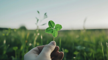 Hand Holding Lucky Four‑Leaf Clover at Golden Sunset