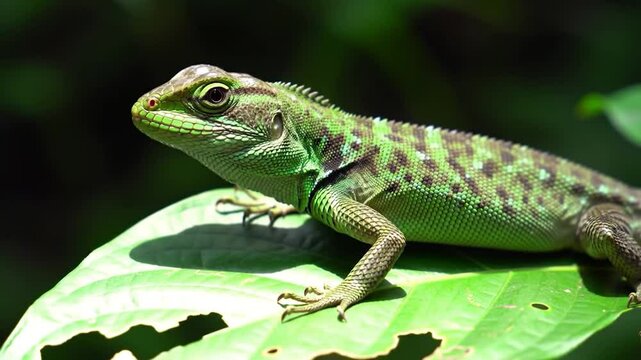 Green Spiny Lizard Resting on a Leaf in the Jungle Sunlight Video