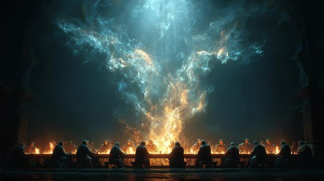 Monks at a Long Table Under a Celestial Fireball: Mystical Gathering, Religious Order, Dramatic Lighting, Conceptual Art