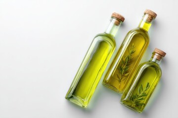 Fototapeta premium Three glass bottles of golden oil, topped with cork stoppers, featuring sprigs of rosemary