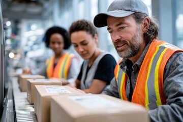 A group of three workers focused on efficiently packing products, demonstrating collaboration and commitment to quality in a bustling production line environment.