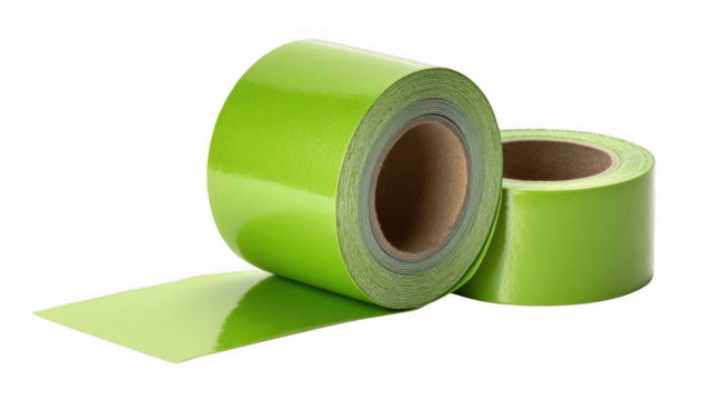 Two rolls of bright green retroreflective fabric tape, one partially unrolled, are arranged on a transparent background, ready for use in safety applications