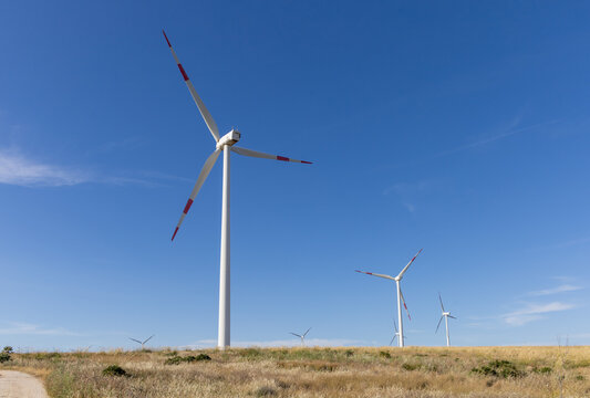 Wind turbines in a rural landscape with dry grass and clear blue sky, producing renewable energy in the Sicilian countryside.