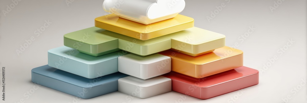 Poster Cloud Computing Service Layers Illustrated With Stacked Blocks in Modern Tech Colors Depicting IaaS, PaaS, and SaaS Concepts