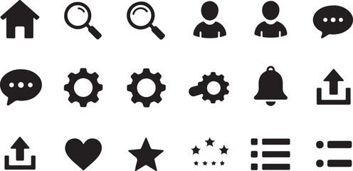 Mobile app symbols — home, search, profile, messages, settings, bell, upload, heart, star, menu.

