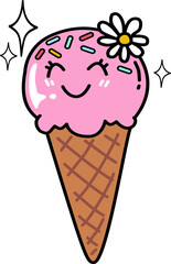 Retro Groovy Cartoon Ice Cream Cone with Flower