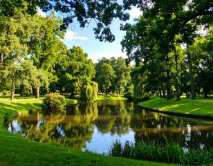 Lush park scene with a pond