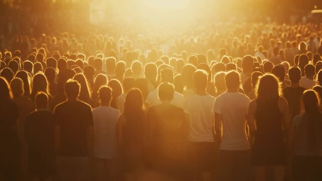 Sunset Crowd: A mass of people stand silhouetted against a vibrant sunset, their forms blending into a sea of anticipation and excitement.