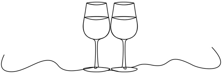 Two glasses with wine continuous line drawing. Cheers toast symbol. Celebration concept. Champagne drink. Vector illustration isolated on white.