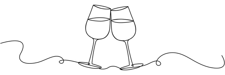 Two glasses with wine continuous line drawing. Cheers toast symbol. Celebration concept. Champagne drink. Vector illustration isolated on white.