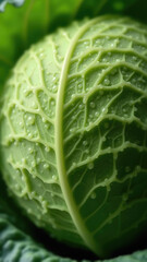 Fresh savoy cabbage with dewdrops in close-up detail