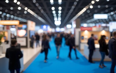 Blurred indoor exhibition hall filled with visitors. People explore pavilions featuring cars home appliances tech gadgets food items on blue carpeted show floor. Trade fair atmosphere. High quality