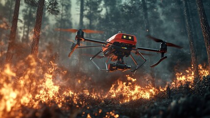 A red drone hovers over a forest fire, flying low above burning underbrush with tall trees and smoke in the background.
