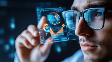 A man wearing glasses closely examines a transparent futuristic digital interface displaying data charts and graphs.