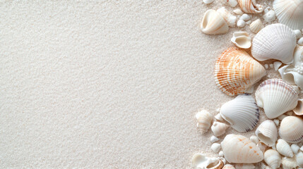 Scattered small pastel shells on sandy beach create serene atmosphere